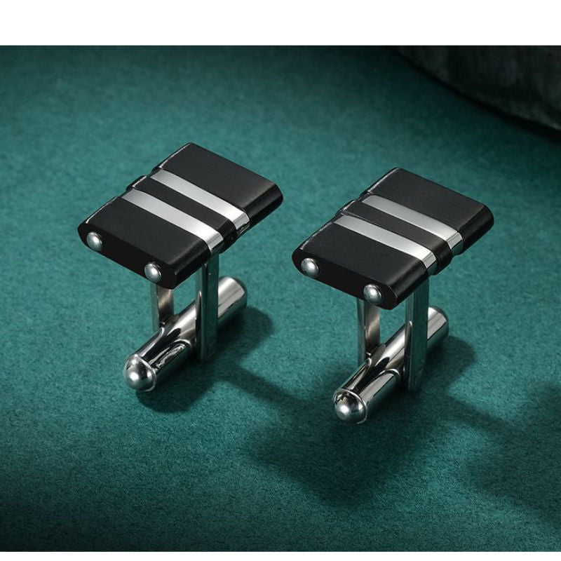 Black and Silver Colour Lines Stainless Steel Cufflinks - A00016