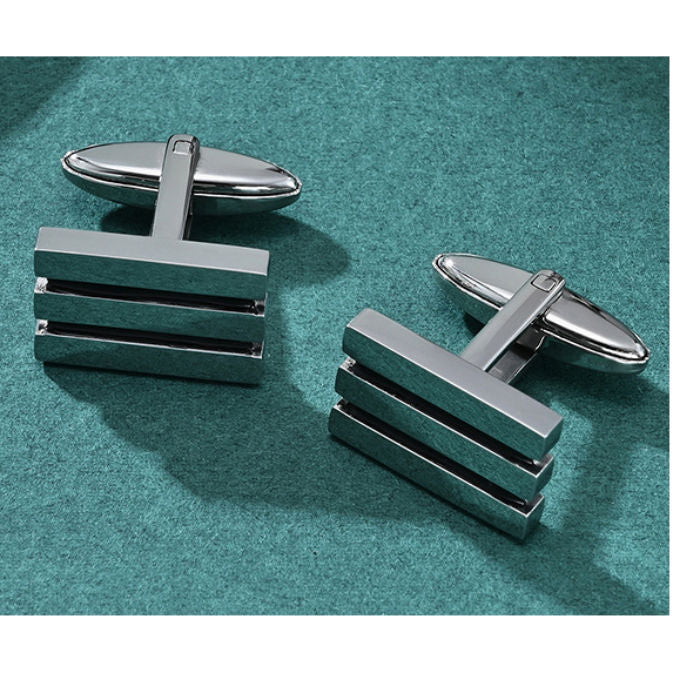 Rectangular Stainless Steel & Black Groove Cufflinks - A00022