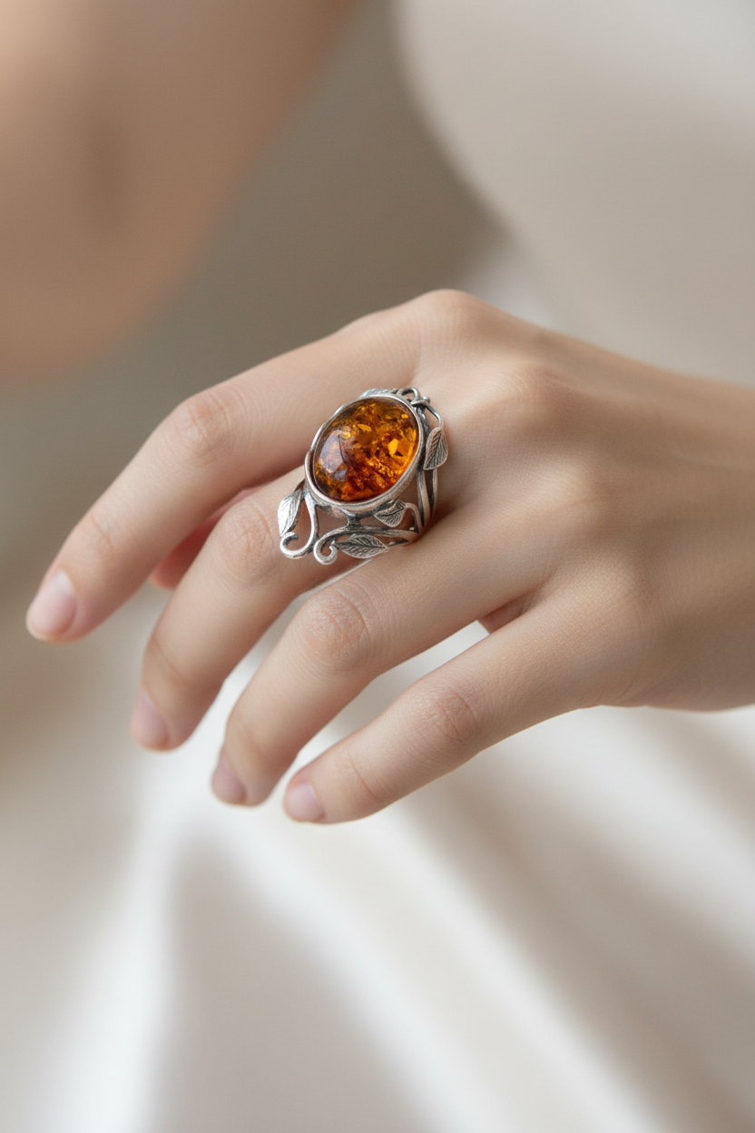 Shablool Designer Silver and Amber Ring - R020707