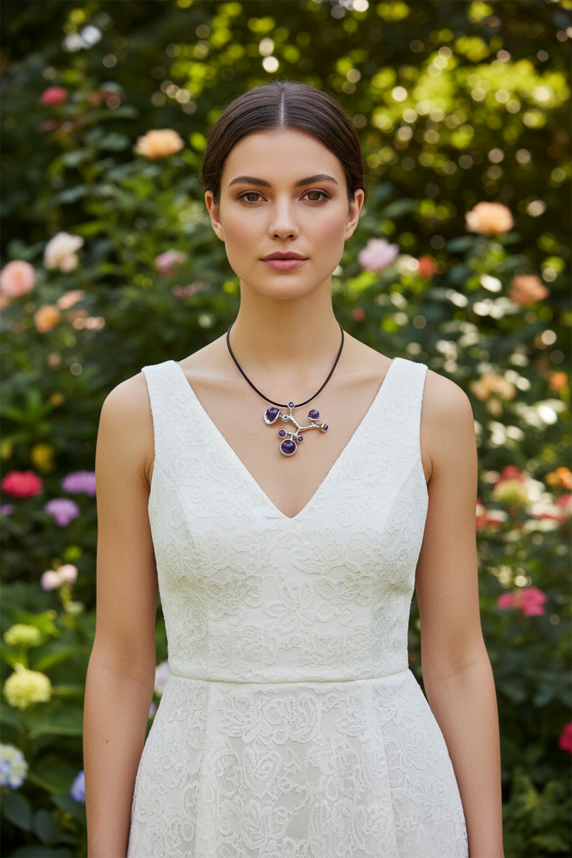 Silver &amp; Amethyst Designer Necklace - Ecto 766580