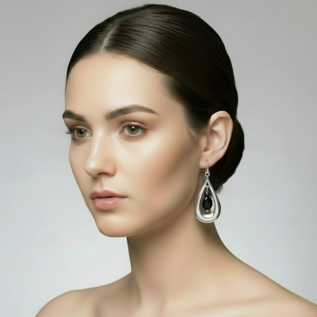 Designer Silver and Black Obsidian Earrings - E7113