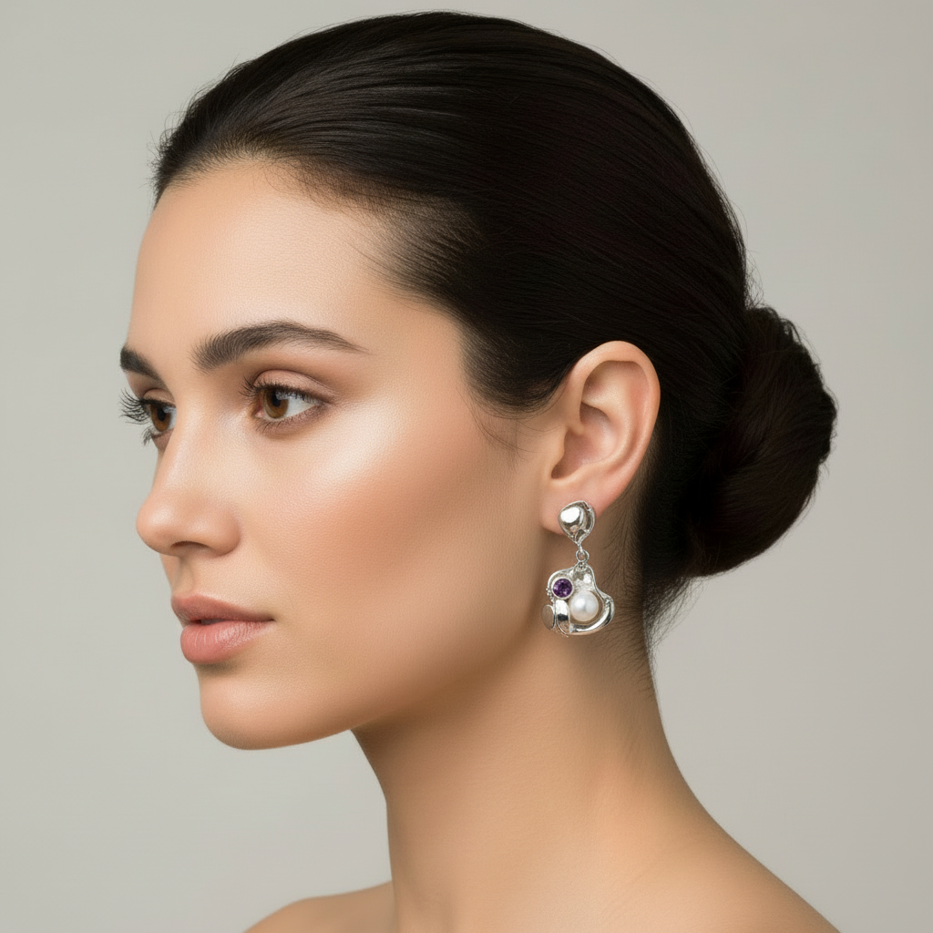 Hagit Gorali Sterling Silver And Pearl Amehyst Earrings E6923-Ogham Jewellery