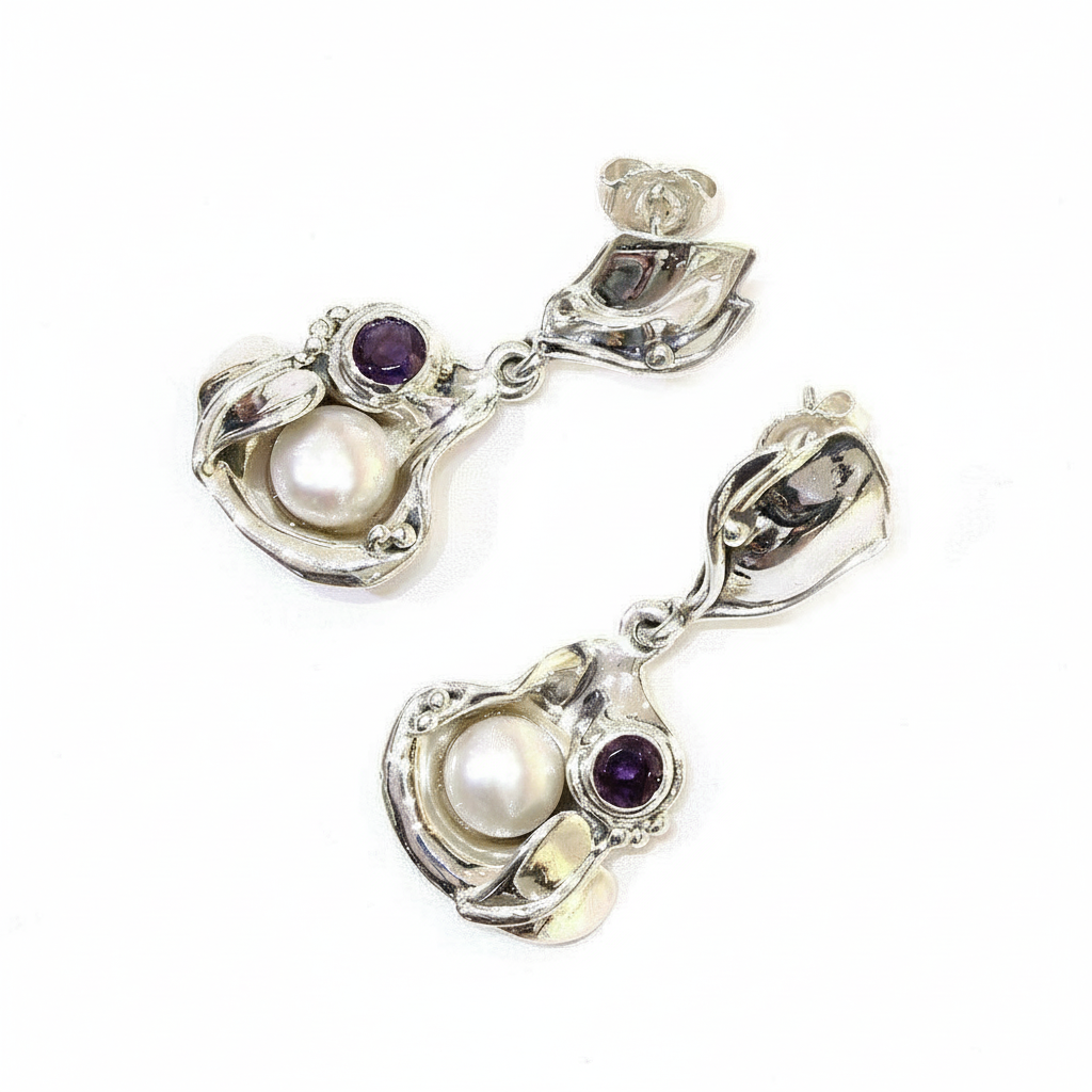 Sterling Silver And Pearl Amehyst Earrings E6923