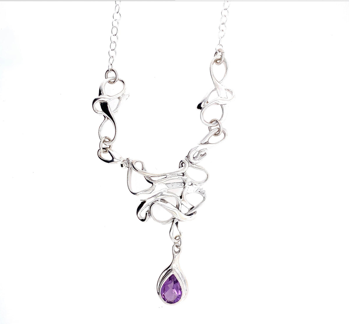 Silver Necklace -Abstract Design set with Amethyst Hagit Gorali