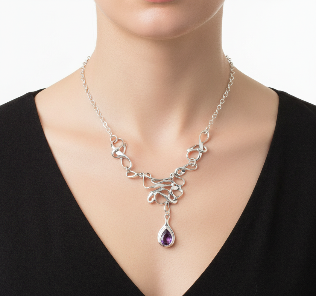 Silver Necklace -Abstract Design set with Amethyst Hagit Gorali