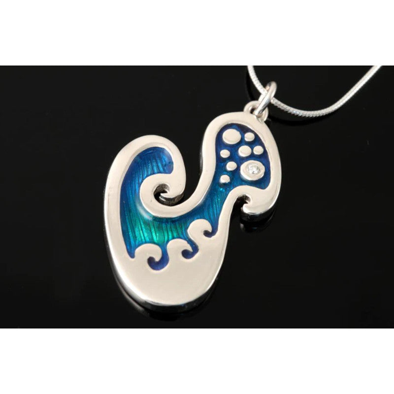 Seascape Silver, Enamel and Diamond Wave Pendant - SSP66d