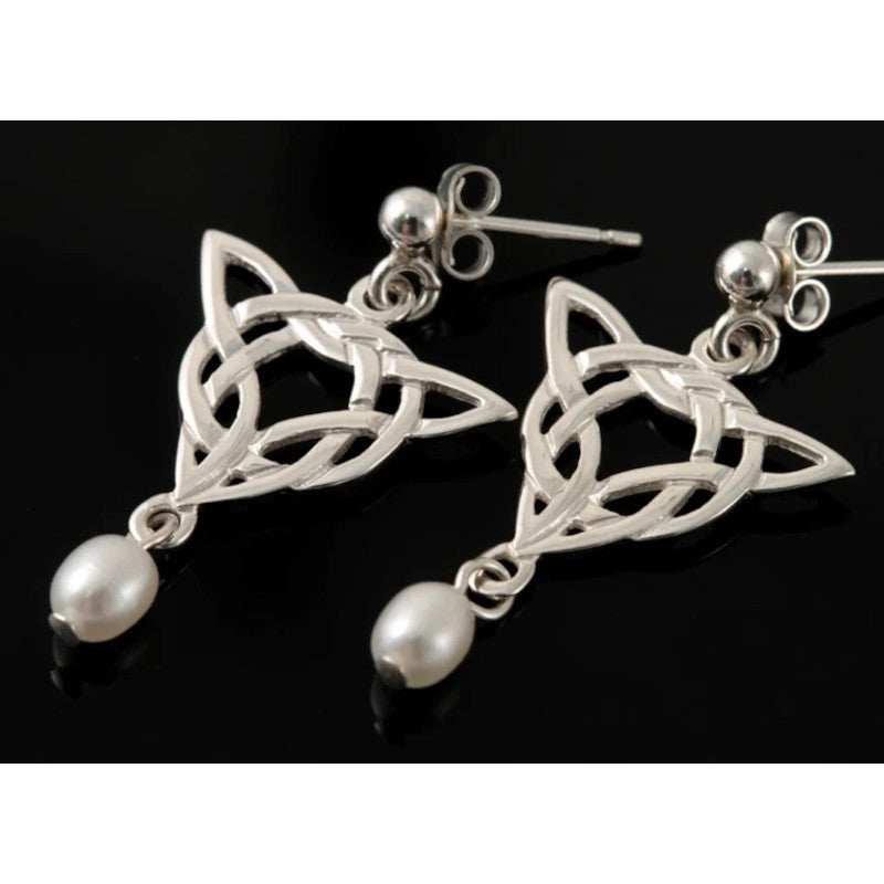 Celtic Sterling Silver or 9ct Yellow Gold Drop Earrings with Pearl - HE192