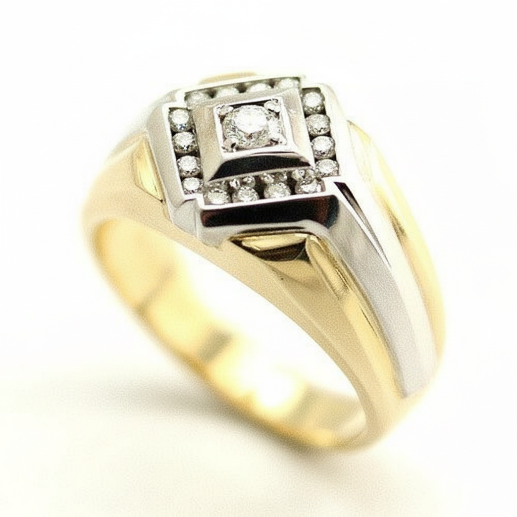 Mens 9ct Yellow &amp; White Gold Diamond Ring - DG8659