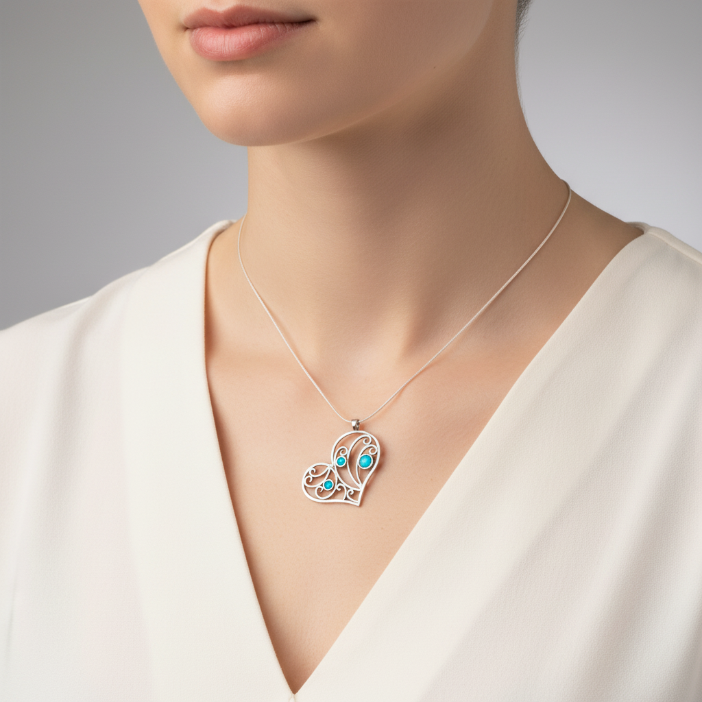 Sterling Silver &amp; Opaline Heart Pendant  - N3760