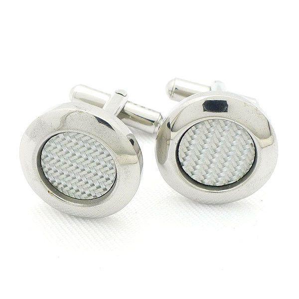White Carbon Fiber &amp; Steel Round Cufflinks - 120020