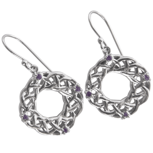 Sterling Silver Round Celtic Knotwork Earrings With Amethyst - 3212