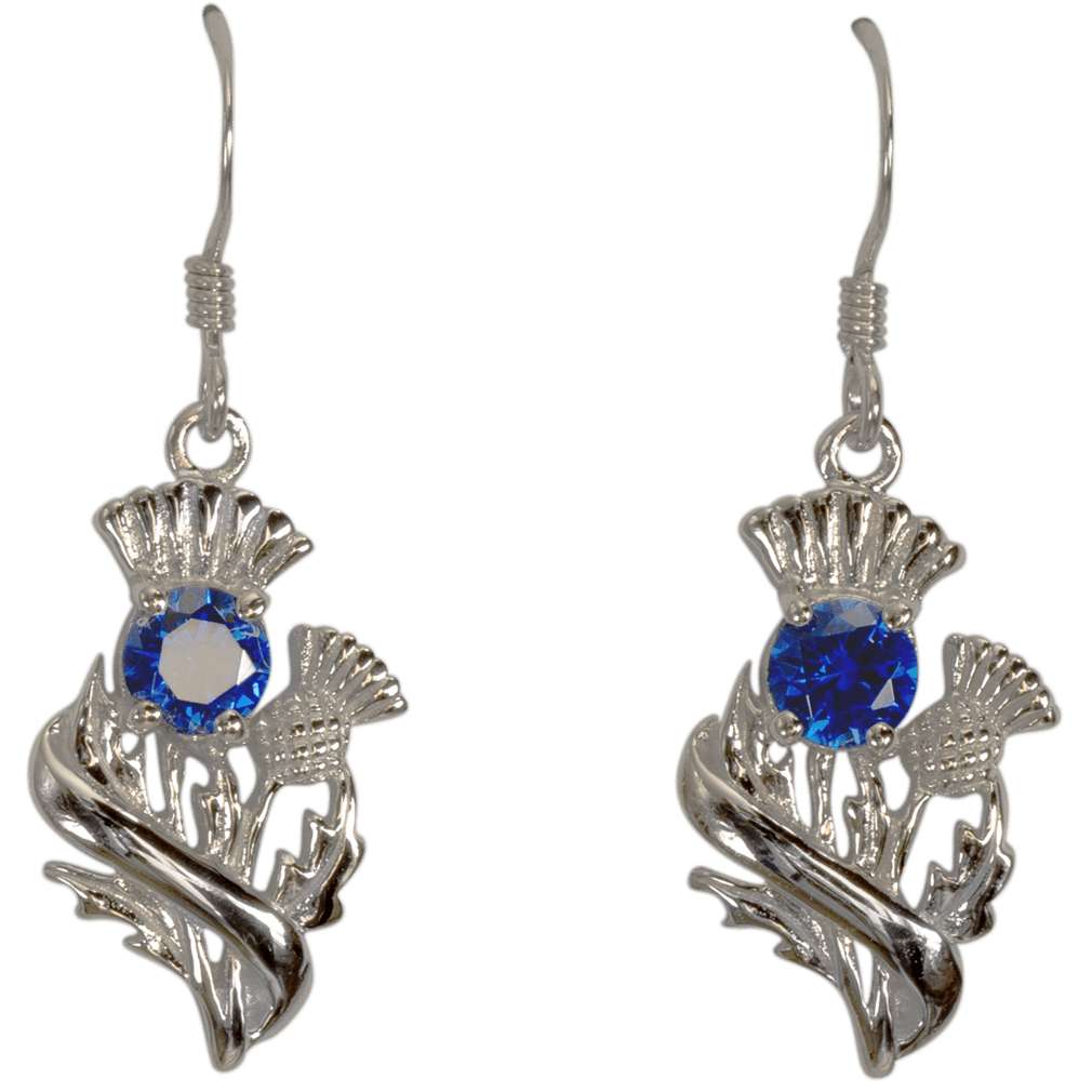 Sterling Silver Scottish Thistle Earrings with Sapphire Coloured Stones - 55535