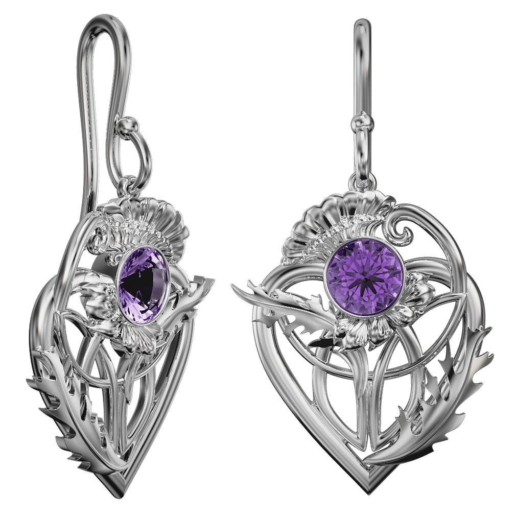 Sterling Silver Scottish Thistle Drop Earrings with Amethyst - 6104