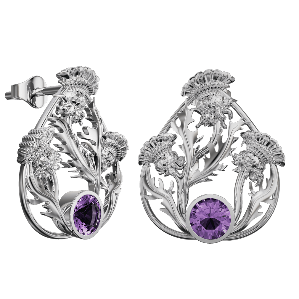 Sterling Silver Scottish Thistle Earrings with Amethyst - 6121