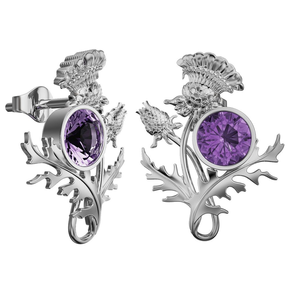 Sterling Silver Scottish Thistle Earrings with Amethyst - 6141
