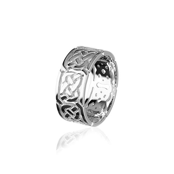 Silver ring with intricate Celtic knot designs showcasing craftsmanship