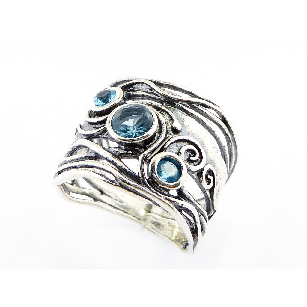 Shablool Designer Silver and Blue Topaz Ring R01242 Ogham