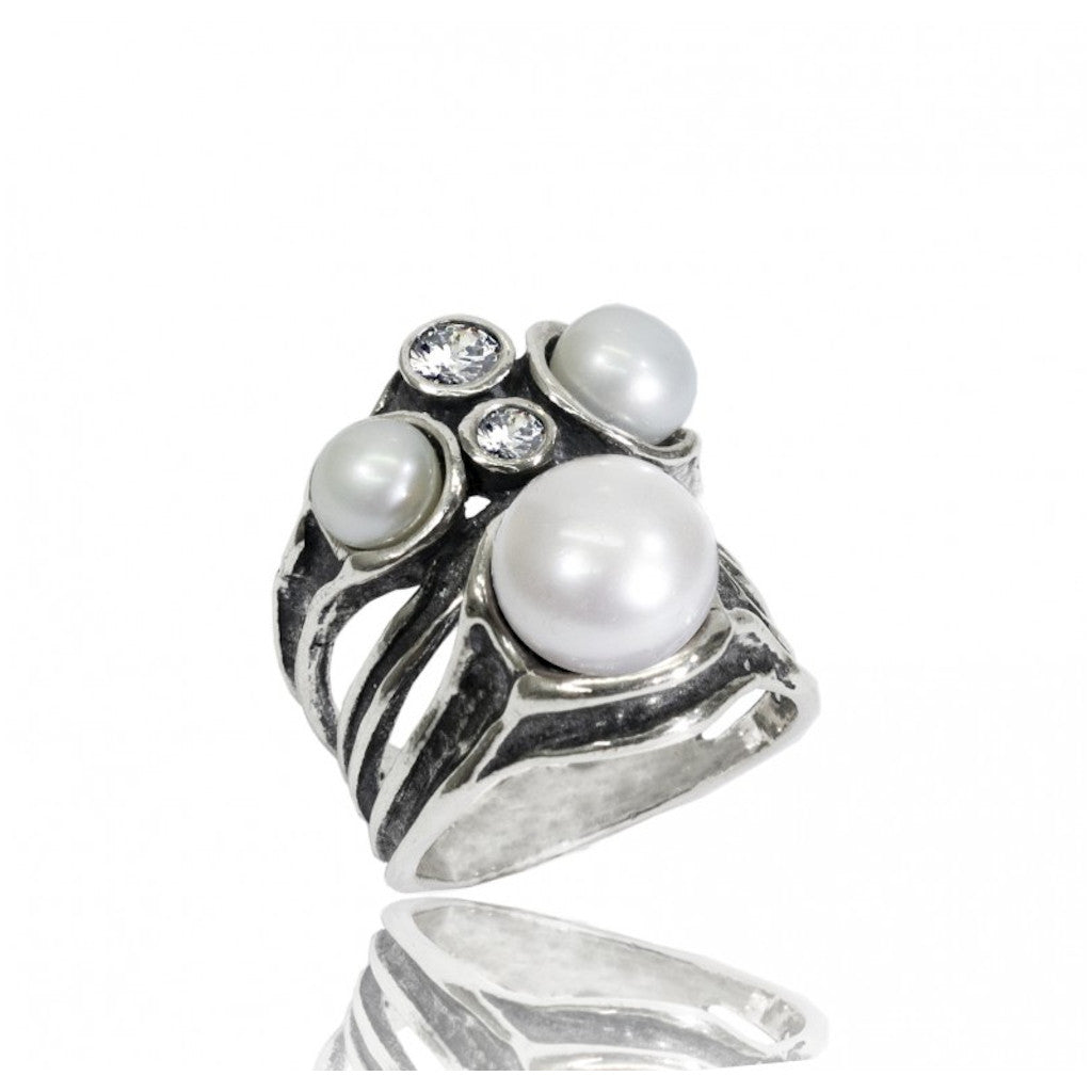 Shablool Designer Silver, White Zirconia and Pearl Ring - R01309