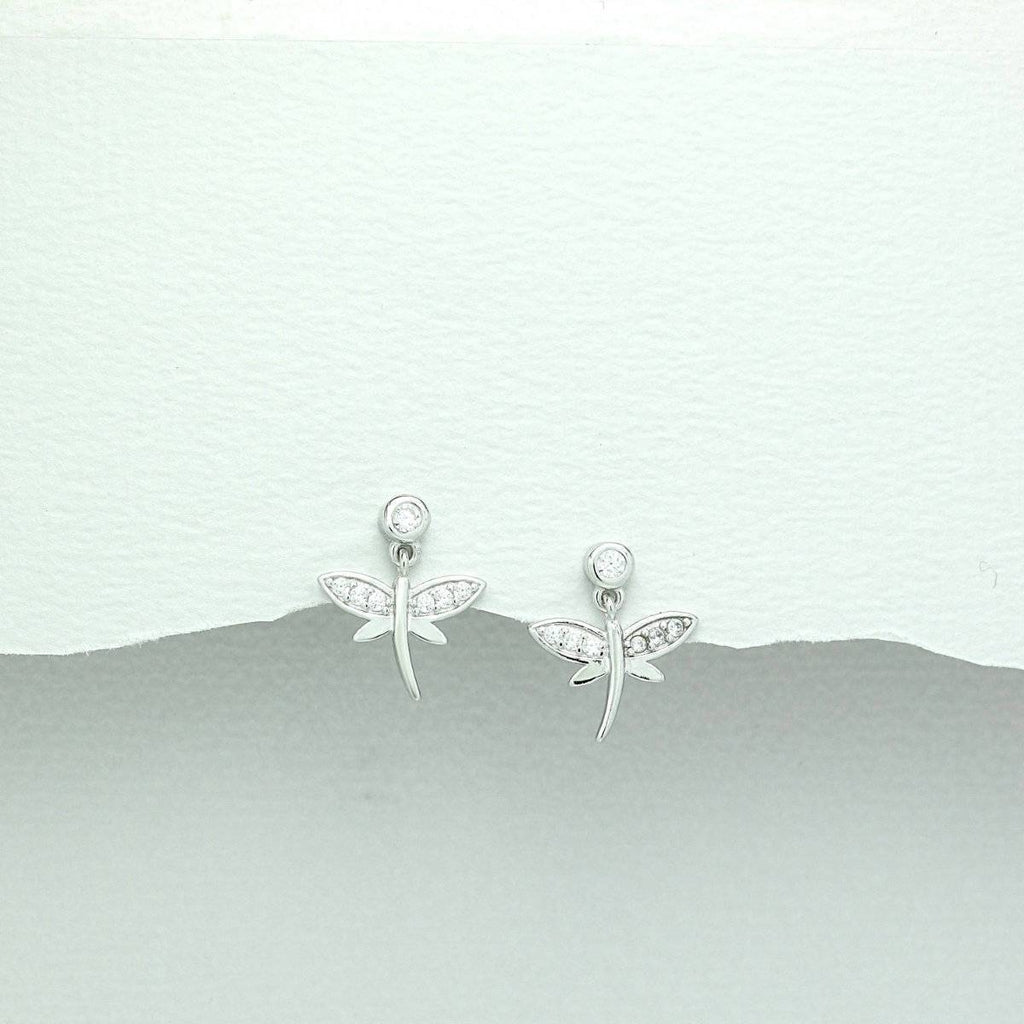 Children&#39;s Sterling Silver Drop Cubic Zirconium Dragonfly Earrings-Ogham Jewellery