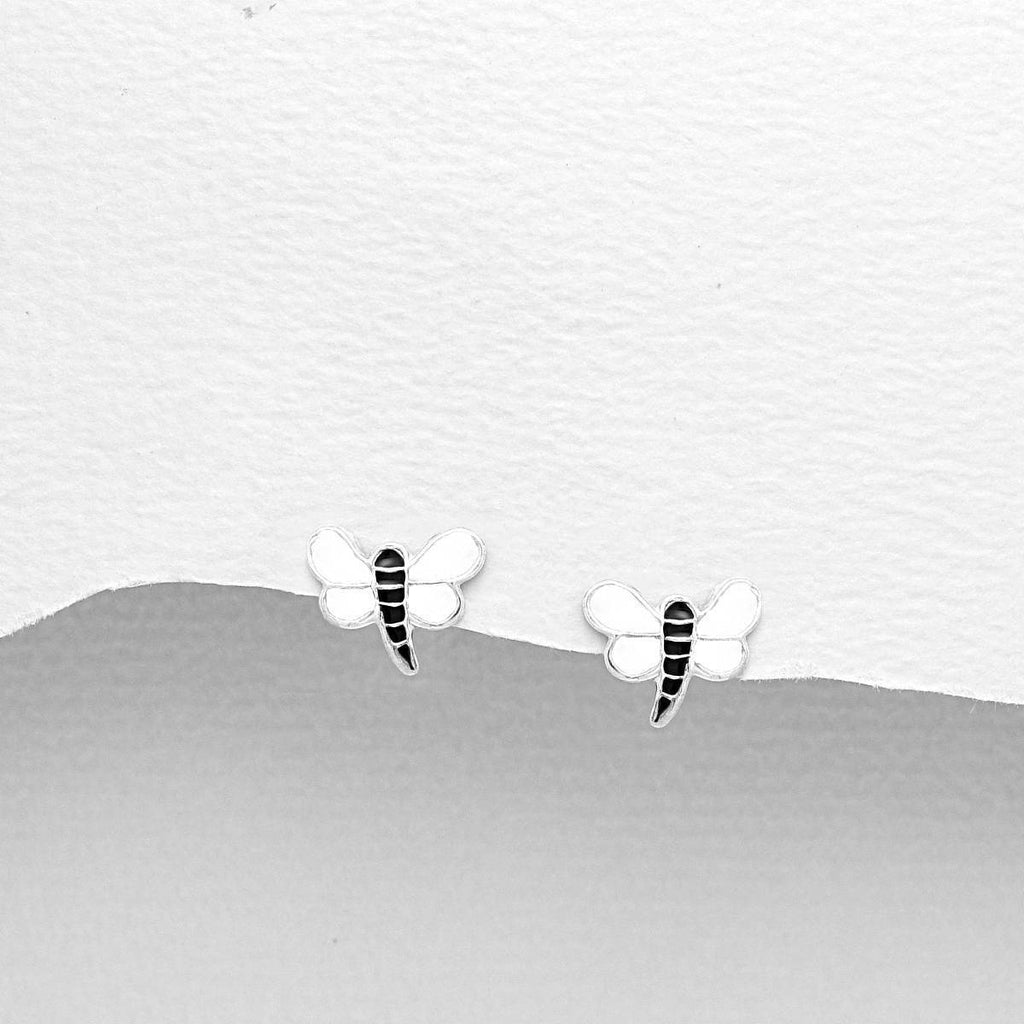 Children's Sterling Silver White Enamel Dragonfly Earrings.-Ogham Jewellery