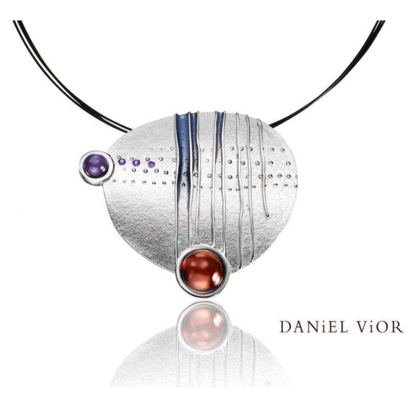 Daniel Vior Encreuat Garnet/Amethyst Blue Enamel Necklace - 766660-Ogham Jewellery