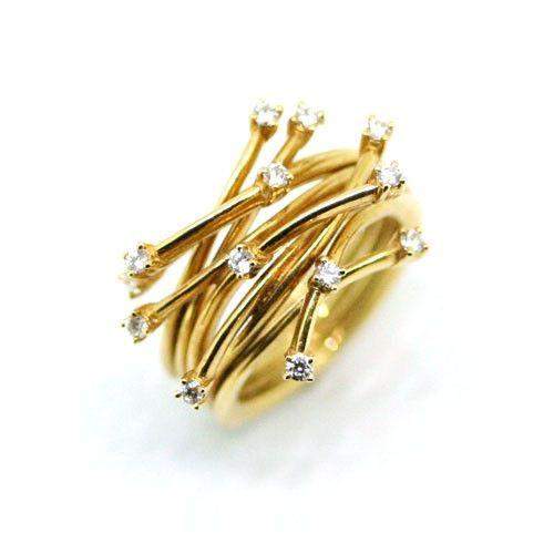 Gold ring with intertwined bands and diamond accents