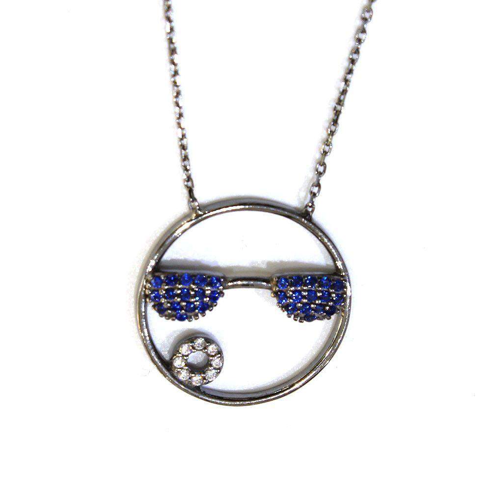 Figaro Emoji Blue Glasses Silver Pendant-Ogham Jewellery