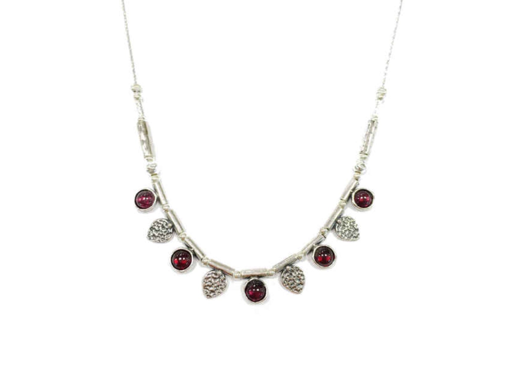 Sterling Silver hearts and garnet cabochons Necklace- 02750