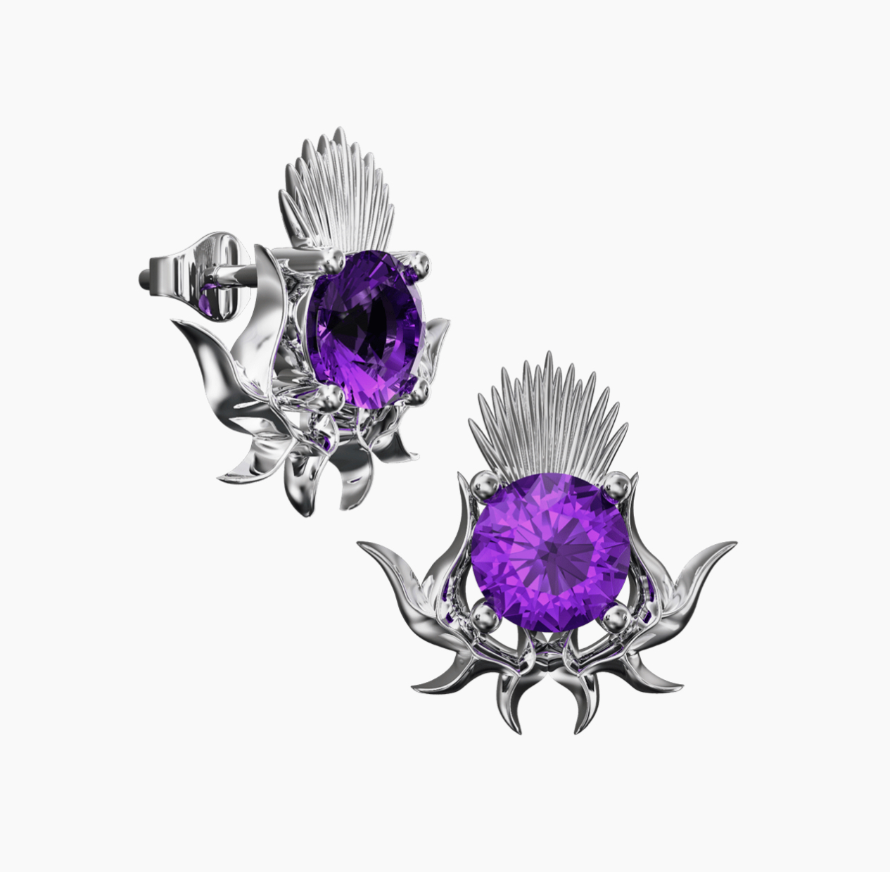 Sterling Silver Scottish Thistle Earrings with Amethyst - 5705