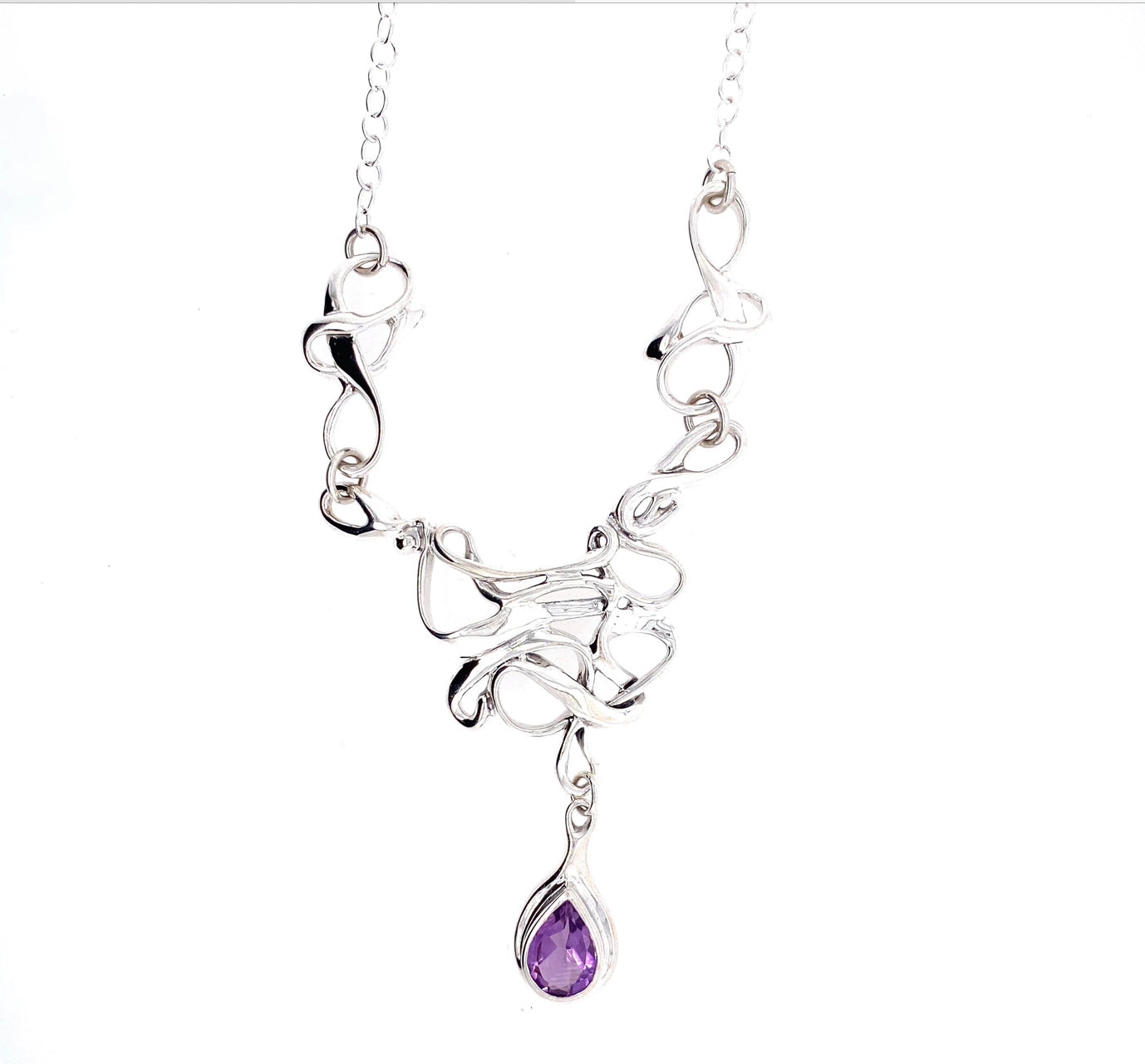 Silver Necklace -Abstract Design set with Amethyst
