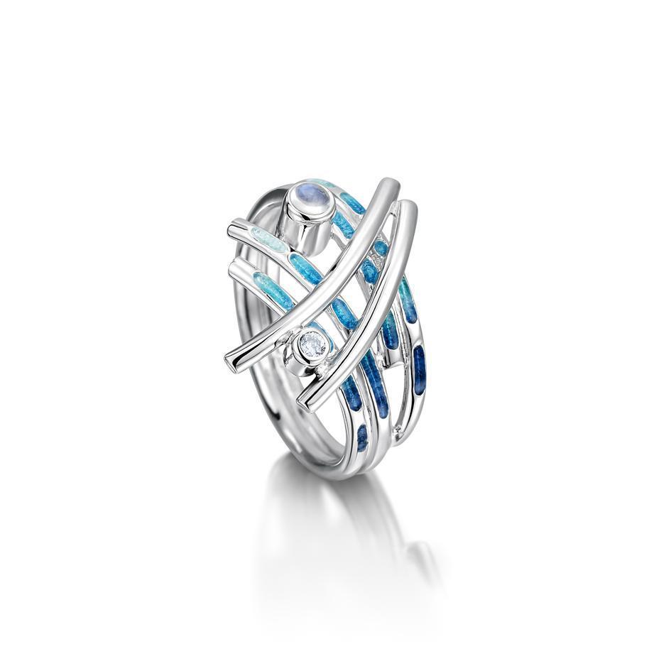 Sterling Silver and Enamel Wild Grasses Ring With Moonstone And