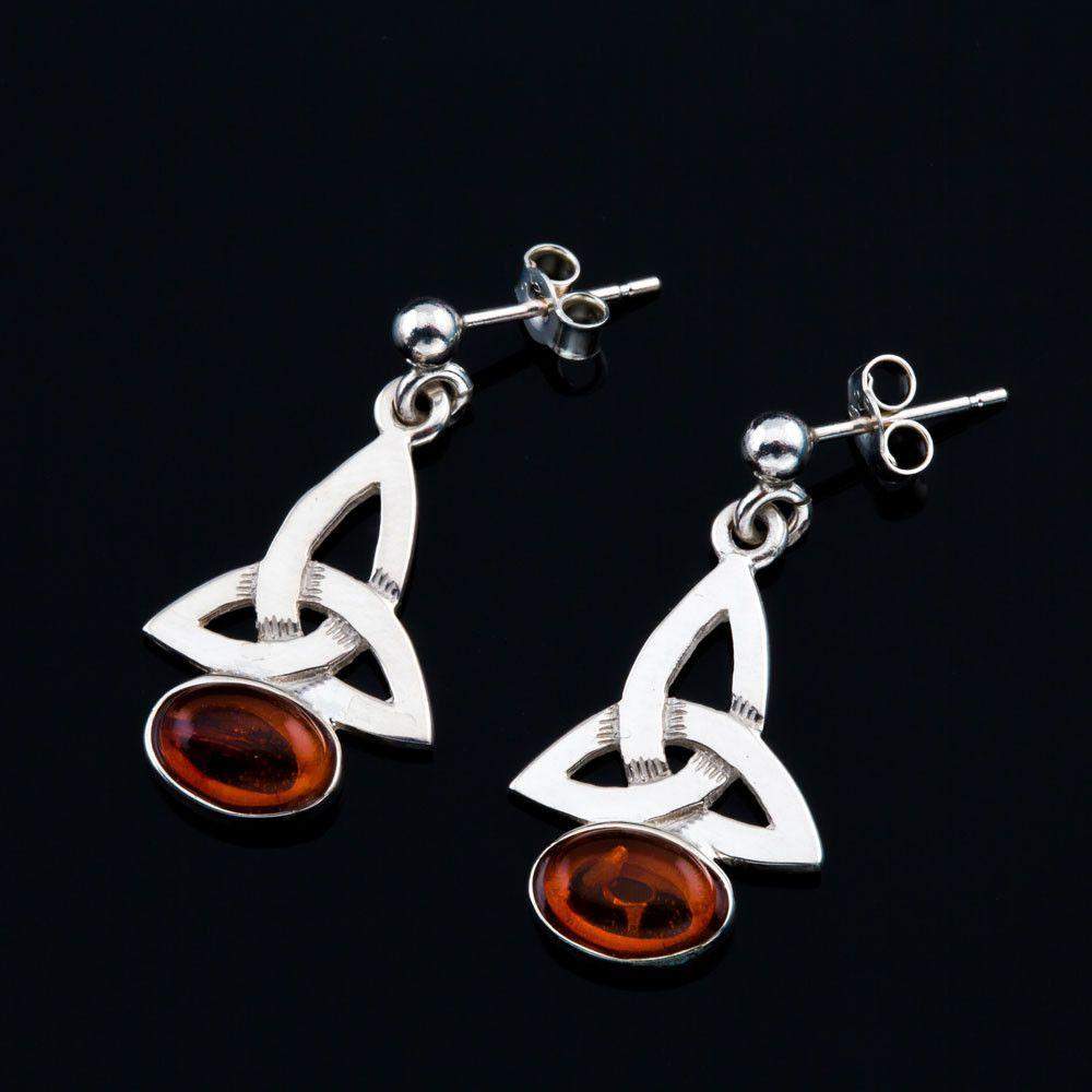 Shetland Sterling Silver Or Gold Amber Celtic Drop Earrings - AE103-S-Ogham Jewellery