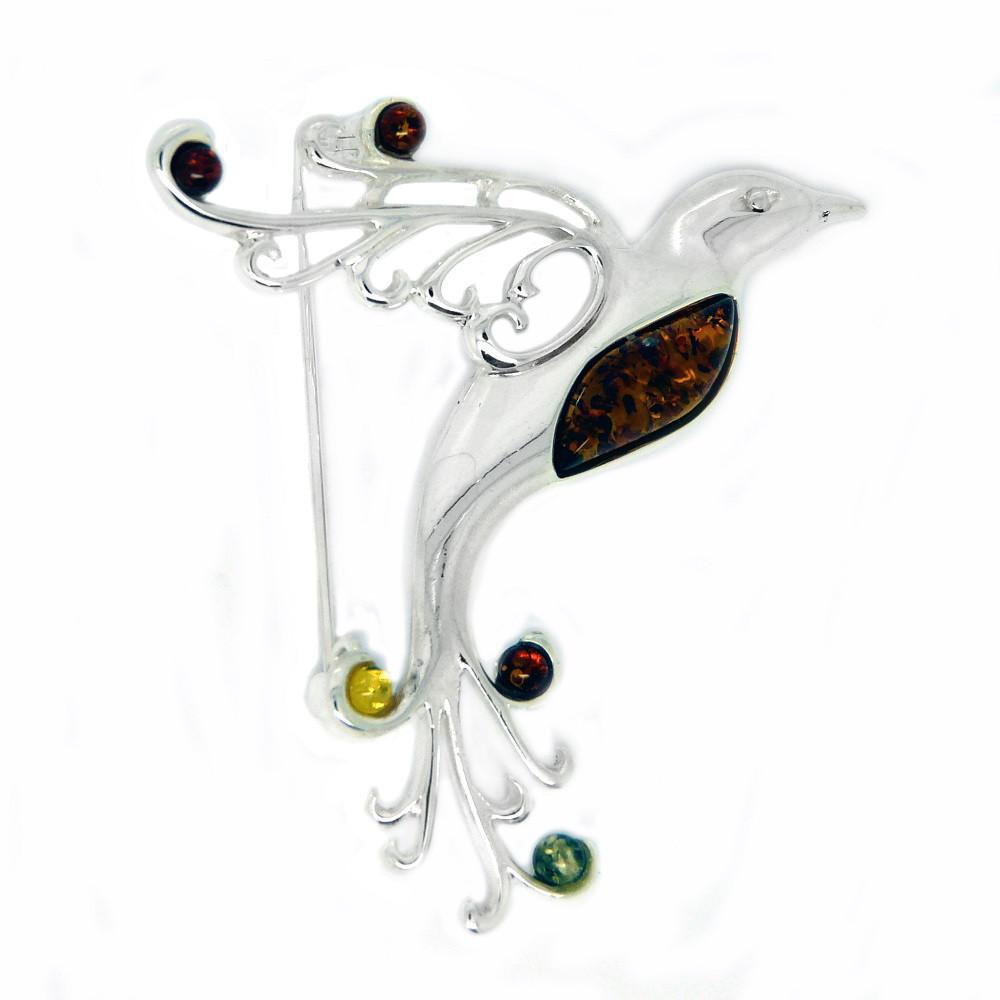 Silver & Amber Bird Brooch - Goldmajor-Ogham Jewellery