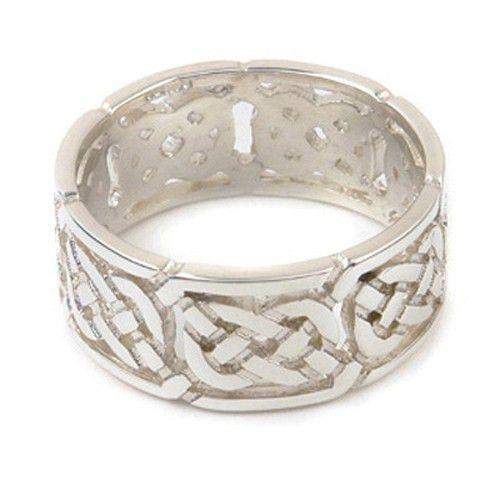 Silver ring with intricate Celtic knot design and polished finish