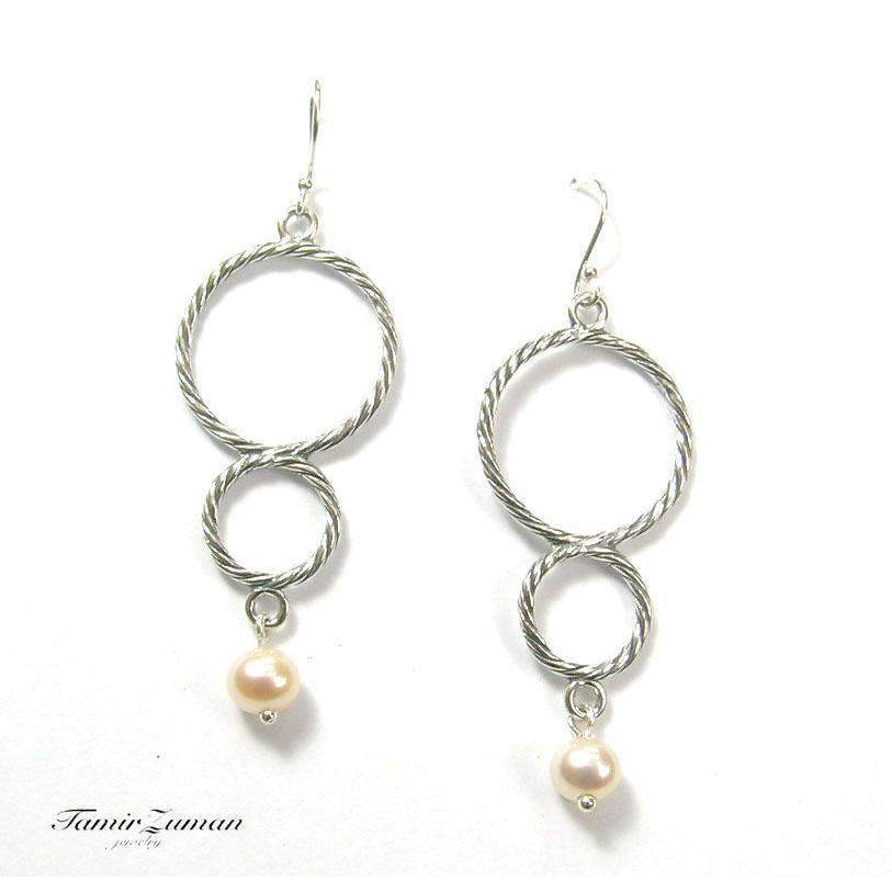 Tamir Double Circle Silver And Pearl Earrings -E4908-1-Ogham Jewellery
